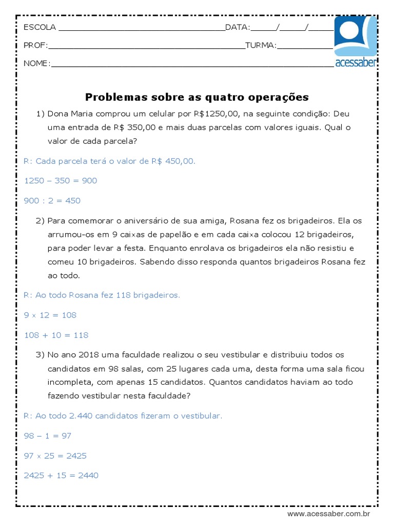 Atividade de Matematica Problemas Sobre As Quatro Operacoes 5 Ou 6 Ano ...