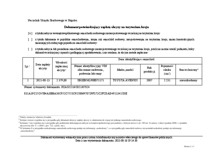 Jak Pobrac Potwierdzenie Zaplaty Akcyzy Za Samochod Potwierdzenie Zap Aty Akcyzy - 2021-08-16T191442.135 | PDF