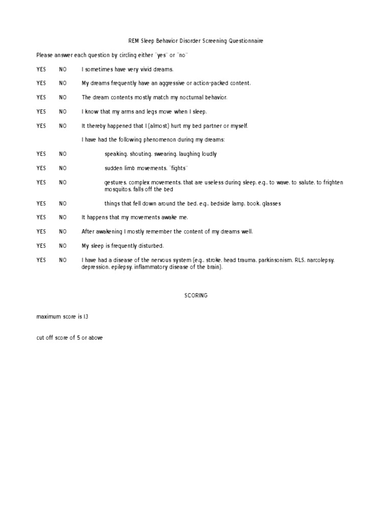 REM Sleep Behavior Disorder Questionnaire | PDF | Self-Improvement ...