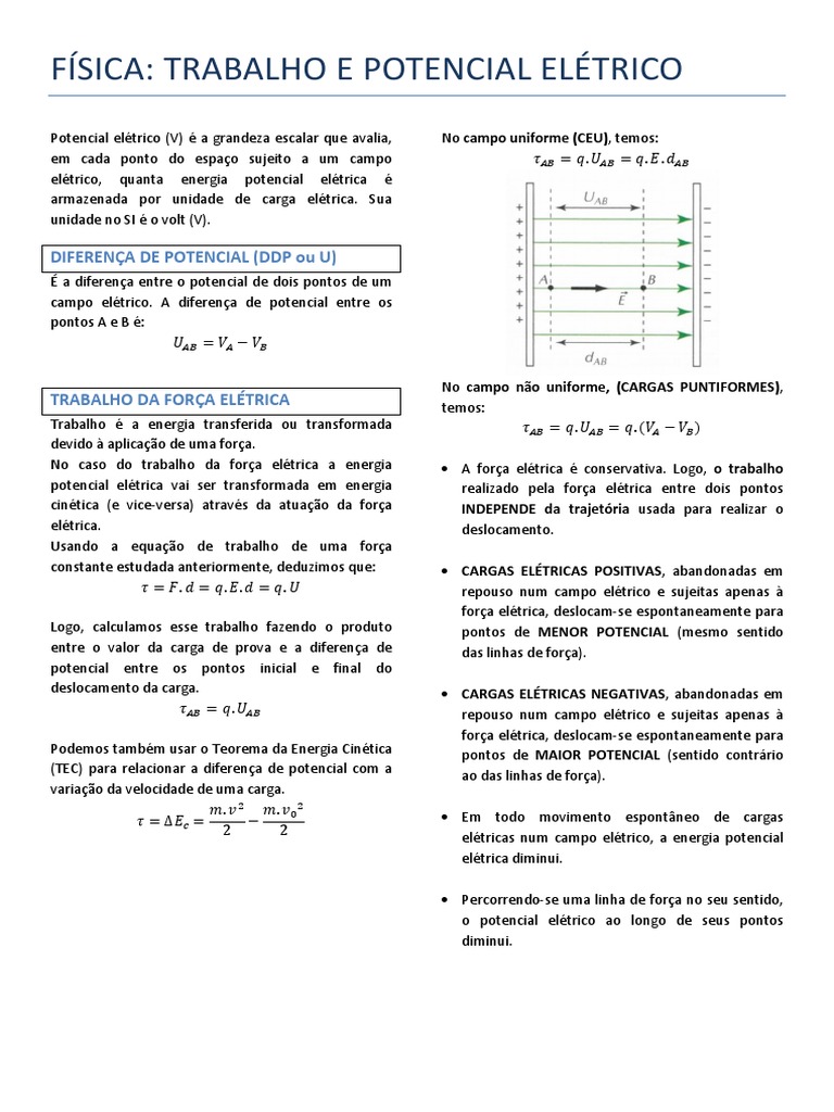 Trabalho Da Força Elétrica | PDF | Energia potencial | Carga elétrica