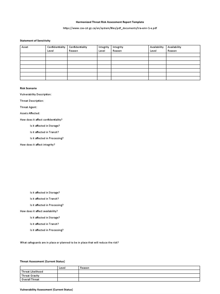 Harmonized Threat Risk Assessment Report Template  PDF With Threat Assessment Report Template