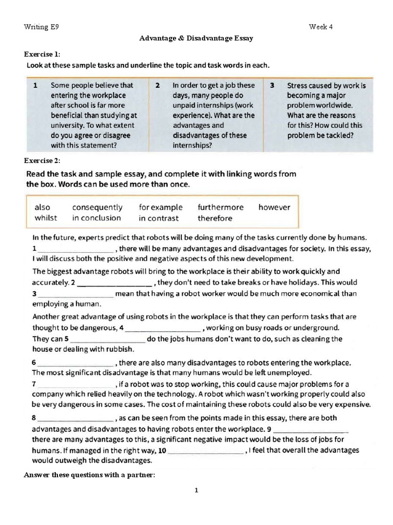Advantage & Disadvantage Essay Exercise 1 Writing E9 Week 4 PDF