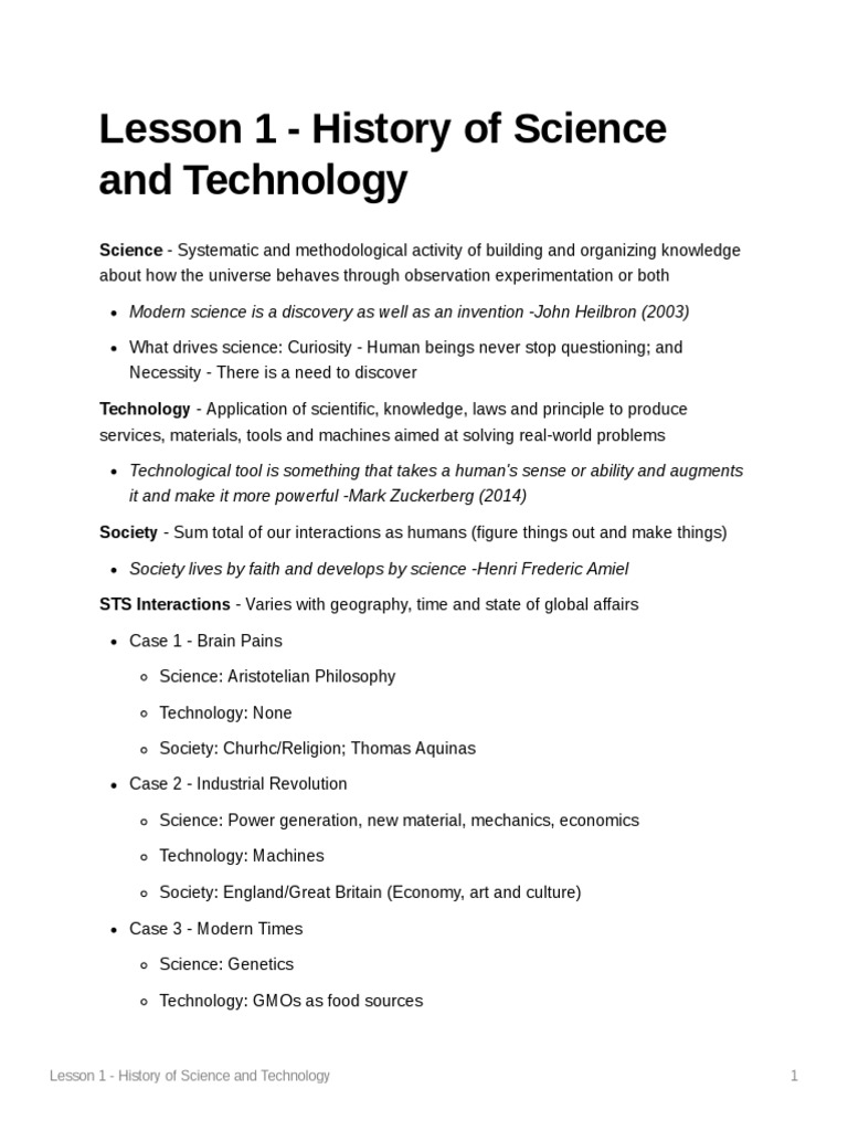 Lesson 1 History Of Science And Technology PDF Science History