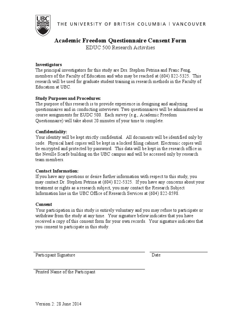 Academic Freedom Questionnaire Consent Form | PDF | Consent | Applied ...