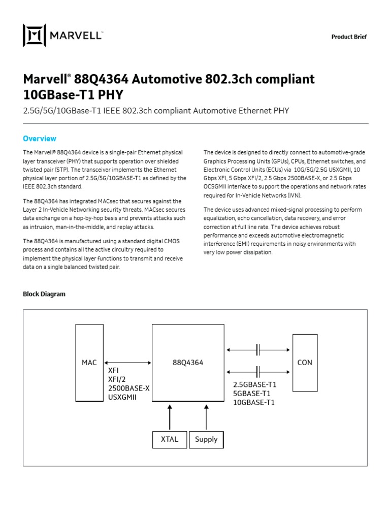 Marvell 88q4364 Automotive Product Brief PDF Computer