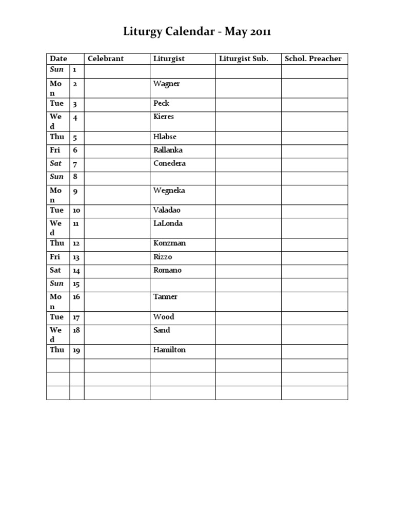 May - Liturgy Calendar | PDF