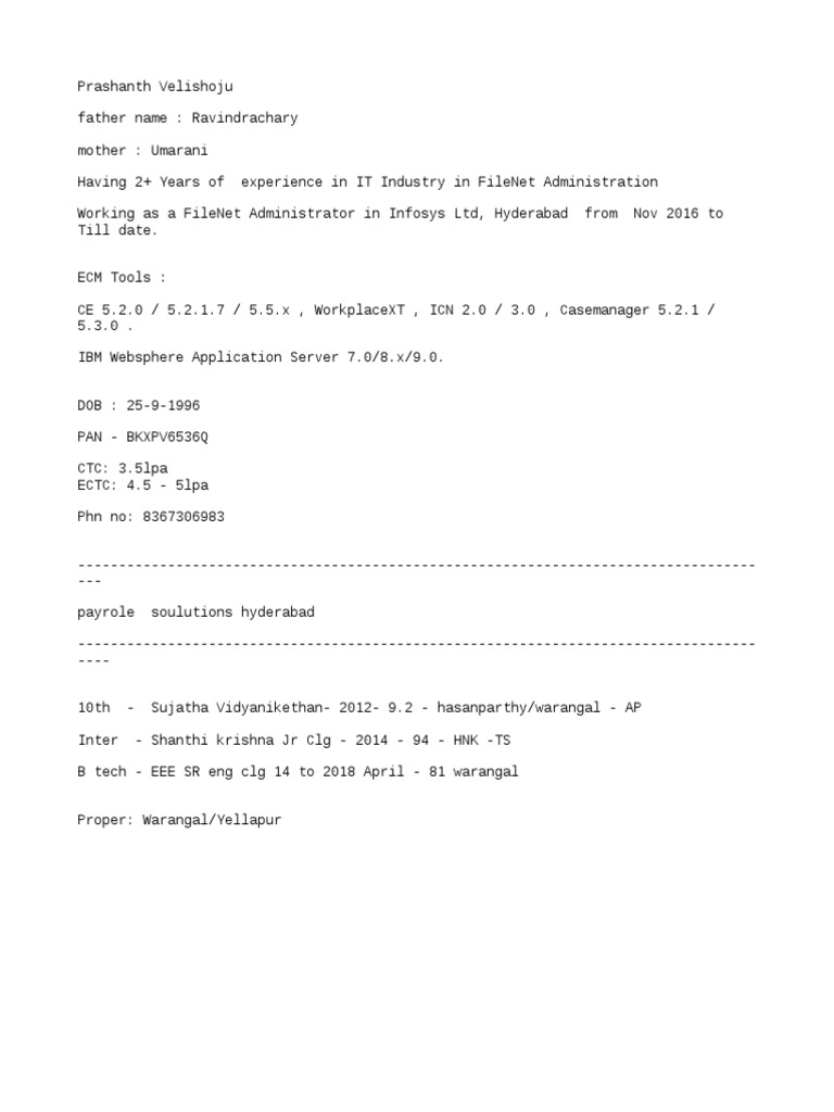 Prashanth Velishoju: FileNet Admin Profile | PDF | Computers