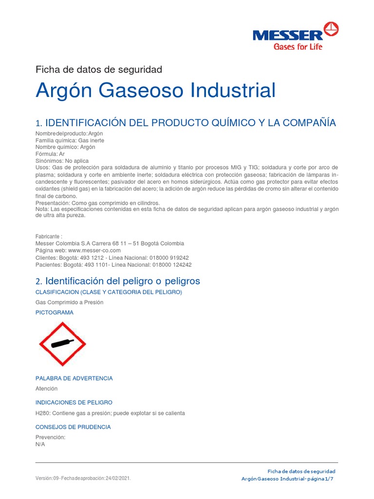 Fichas de Datos de Seguridad Argon Gaseoso Industrial | PDF | Oxígeno ...