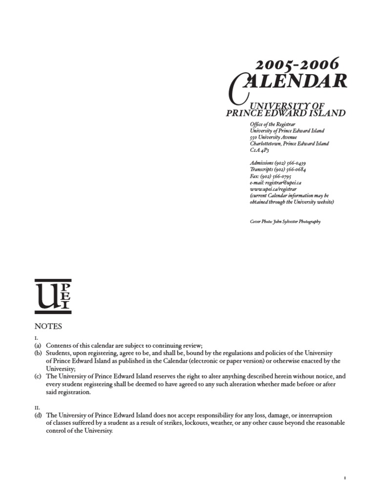 Upei Academic Calendar 200506 PDF Bachelor's Degree Academic Degree