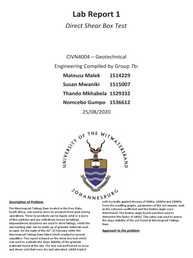 Lab Report 1 Direct Shear Box Test PDF Geotechnical Engineering