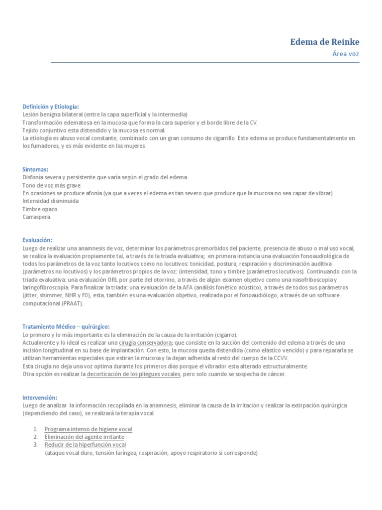 Edema de Reinke PDF Cirugía Medicina CLINICA
