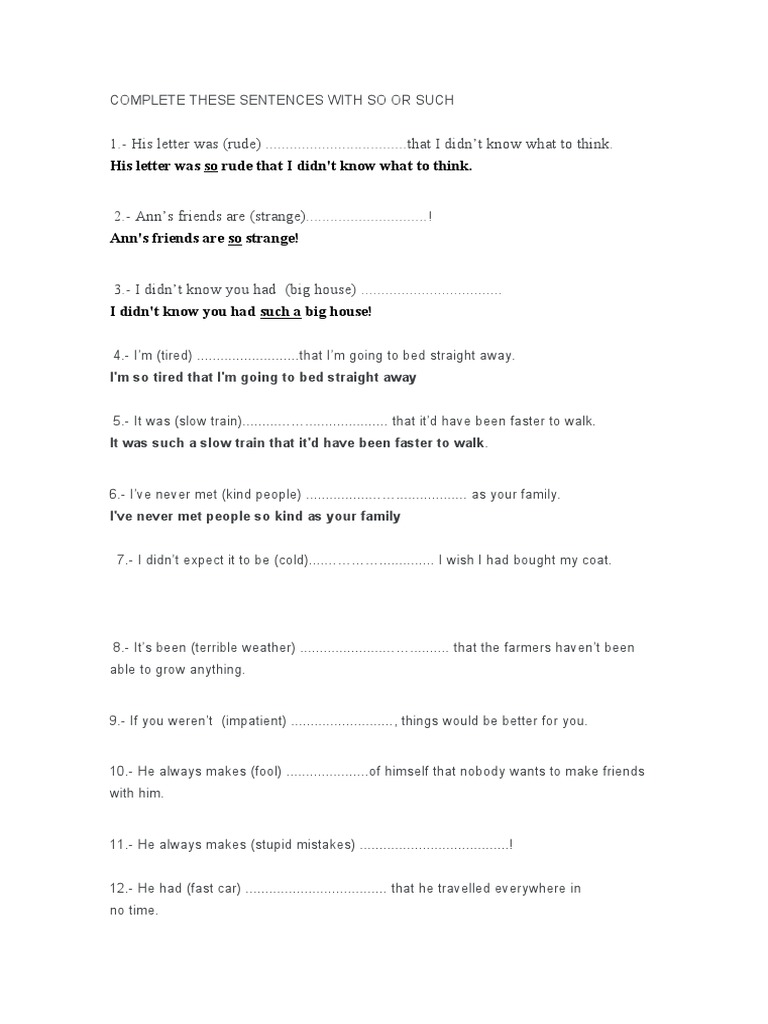 Complete Sentences with So or Such | PDF