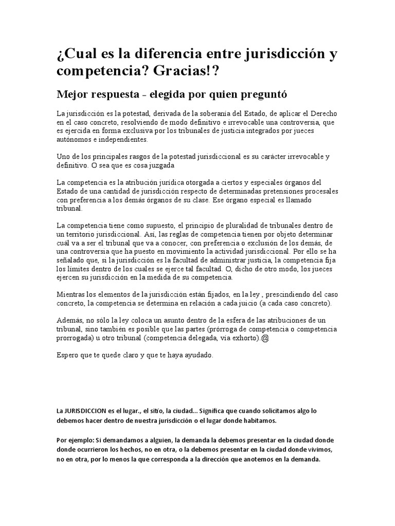 Diferencias entre Jurisdicción y Competencia | PDF | Competencia (ley ...