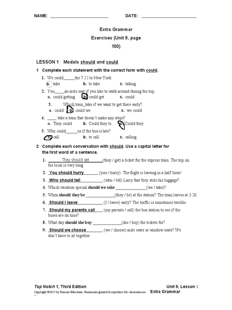 Extra Grammar Exercises (Unit 9, Page 100) Top Notch 1, Third Edition