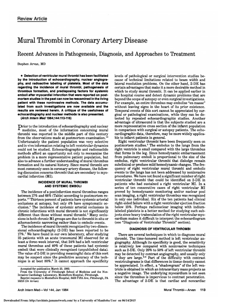 Mural Thrombi in Coronary Artery Disease PDF Thrombus