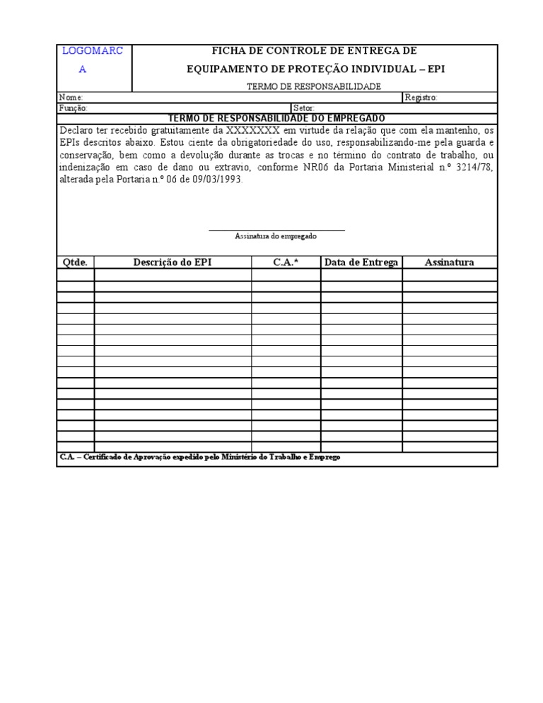 Ficha de Controle de Entrega de EPI | PDF