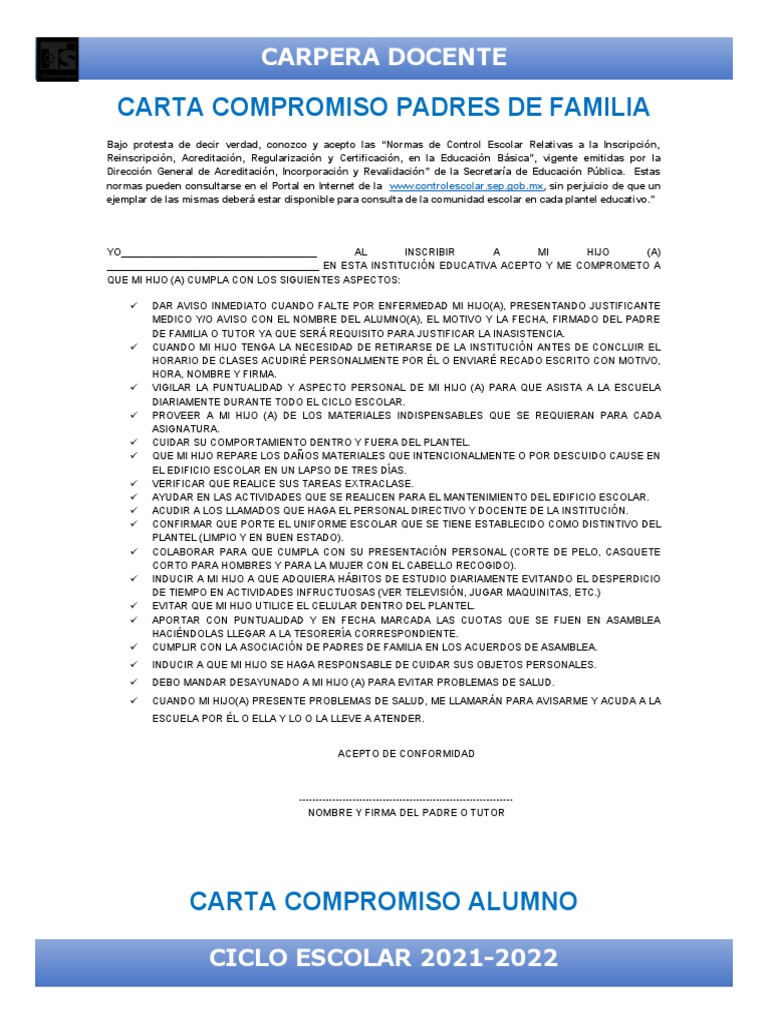 Carta Compromiso para Padres de Familia | PDF