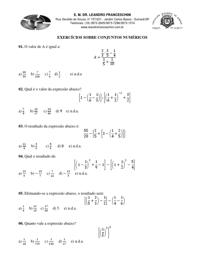 Exercícios de Conjuntos Numéricos | PDF | Número racional | Número real