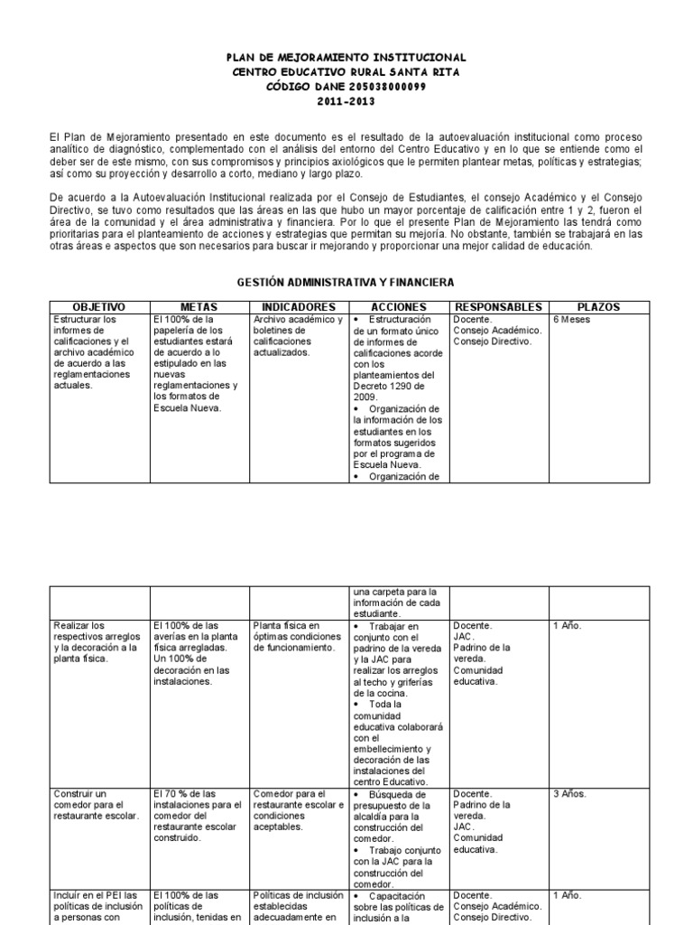 Plan de Mejoramiento Educativo 2011-2013 | PDF | Plan de estudios
