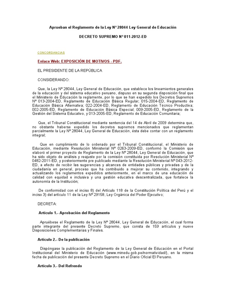 Reglamento de La Ley #28044 Ley General de Educación | PDF | Inclusión ...