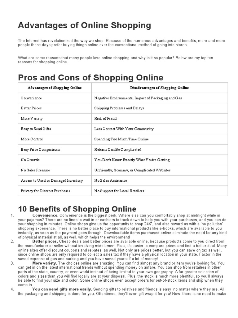 Advantages of Online Shopping PDF Online Shopping Retail