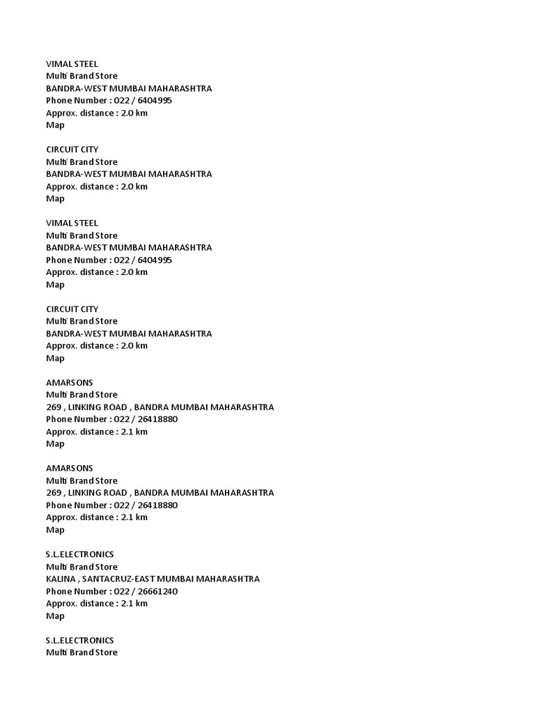 Directory of MultiBrand Electronics and Home Appliance Stores in Bandra West and Nearby Areas