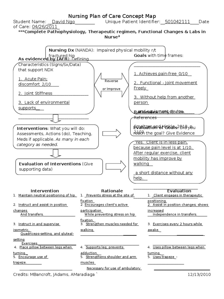 Nursing Plan of Care Concept Map - Immobility - Hip Fracture