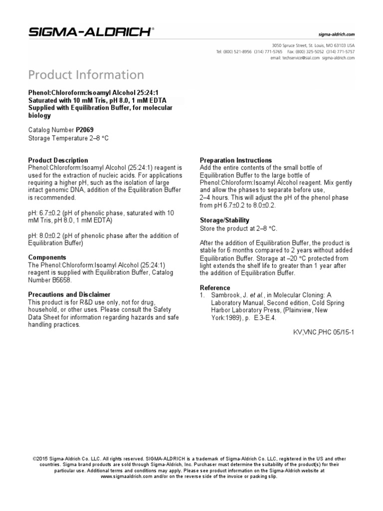 Phenol:Chloroform:Isoamyl Alcohol Extraction Reagent | PDF | Sigma ...