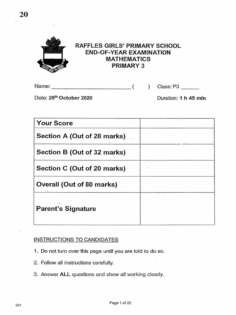 P3 maths sa2 2020 raffles exam papers pdf