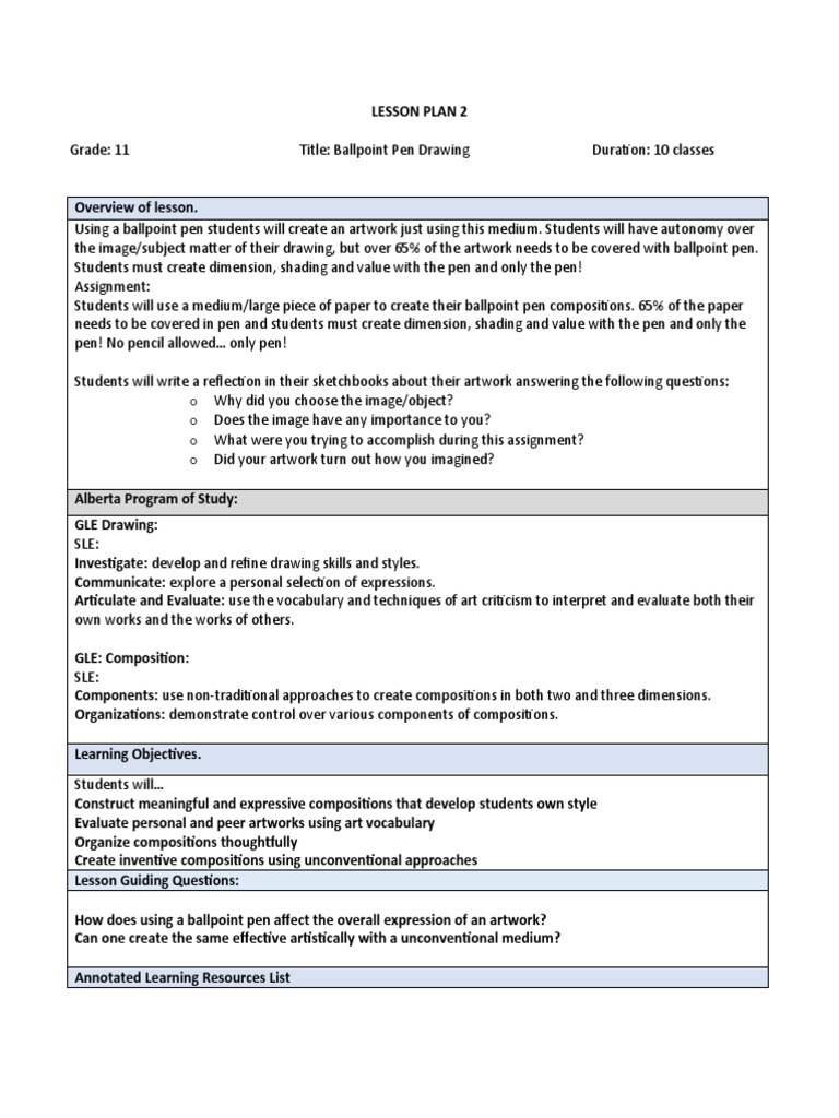 Lesson Plan 2 Art20d PDF Drawing Lesson Plan