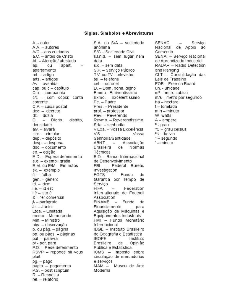 Lista de Siglas e Abreviaturas | PDF | Unidades de medida | Observação ...