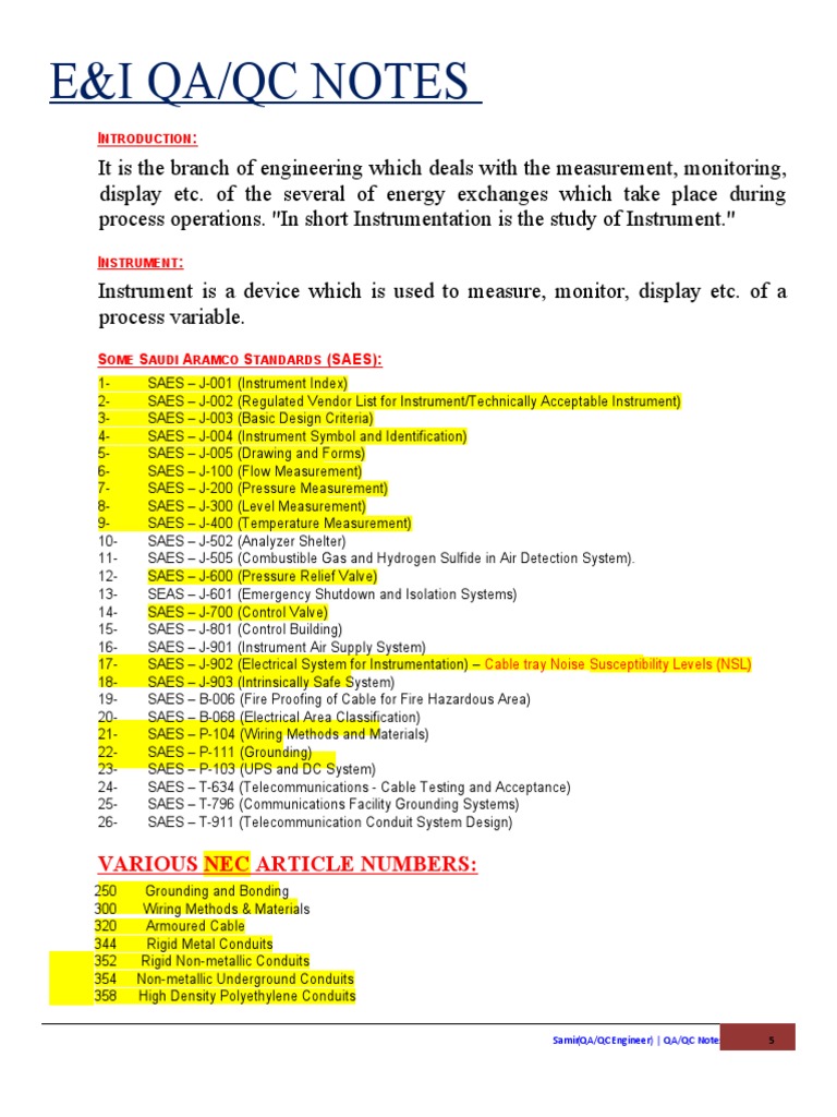 Qa-Qc E&i Inspection Notes | PDF | Pipe (Fluid Conveyance) | Electrical ...