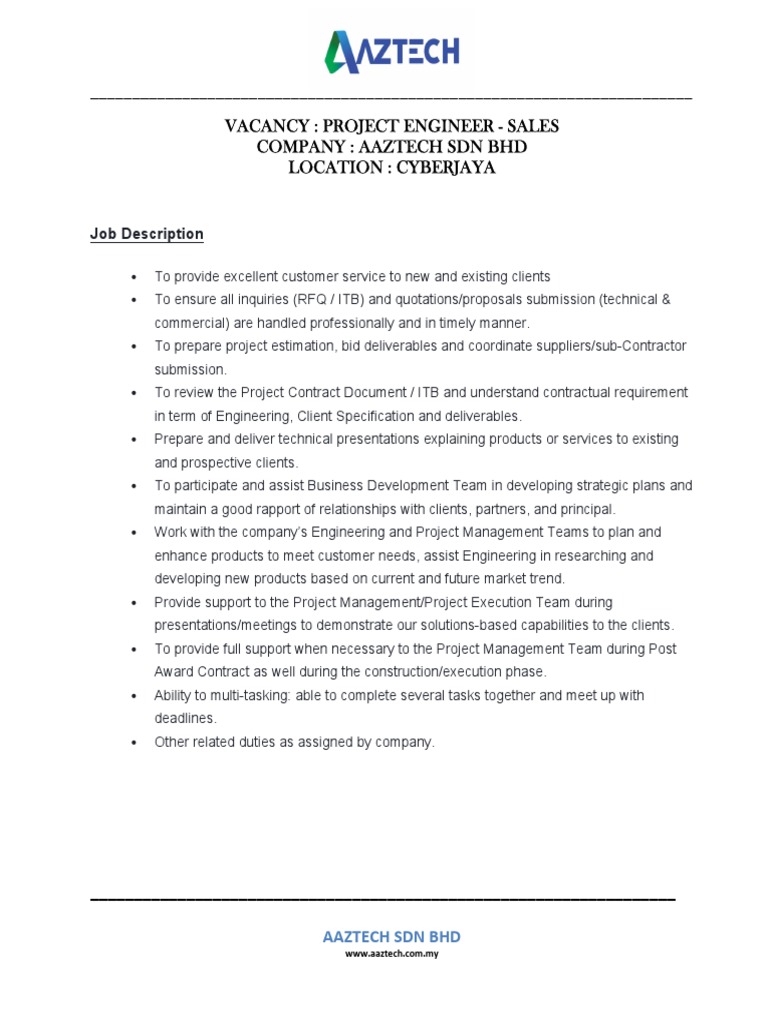 Vacancy - Project Engineer - Sales | PDF | Project Management | Engineering