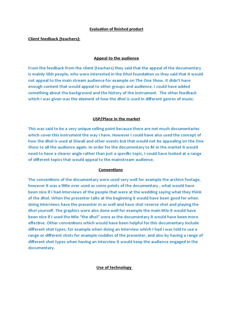 Evaluation of Finished Product | PDF | Documentary Film | Communication