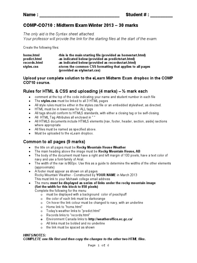 Name: - Student #: - COMP-CO710: Midterm Exam Winter 2013 - 30 Marks | PDF  | Html Element | Html