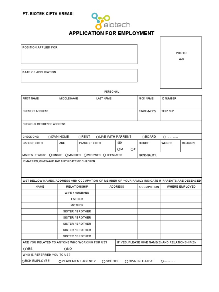 Application For Employment PT BCK Download Free PDF Employment