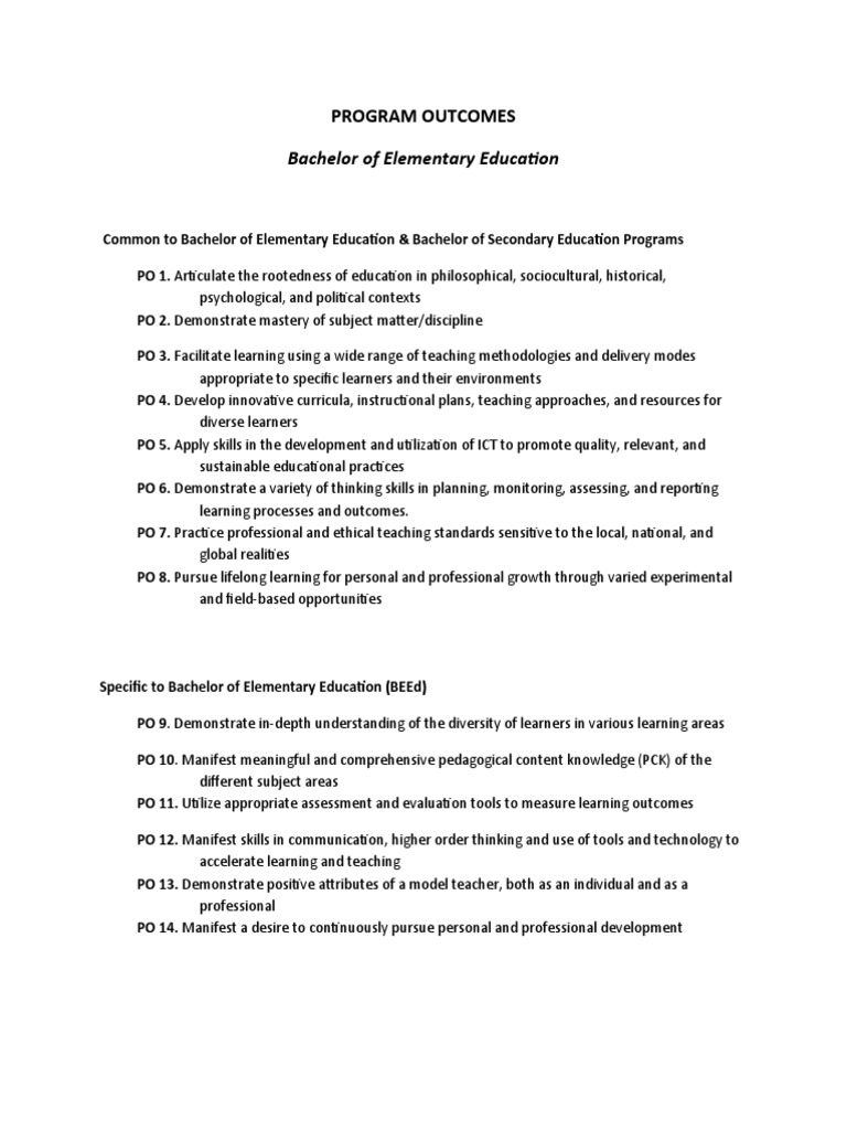 BEEd Program Outcomes Overview | PDF