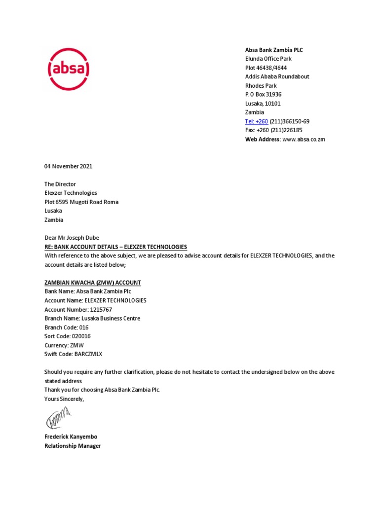 Absa Bank Zambia Account Details | PDF