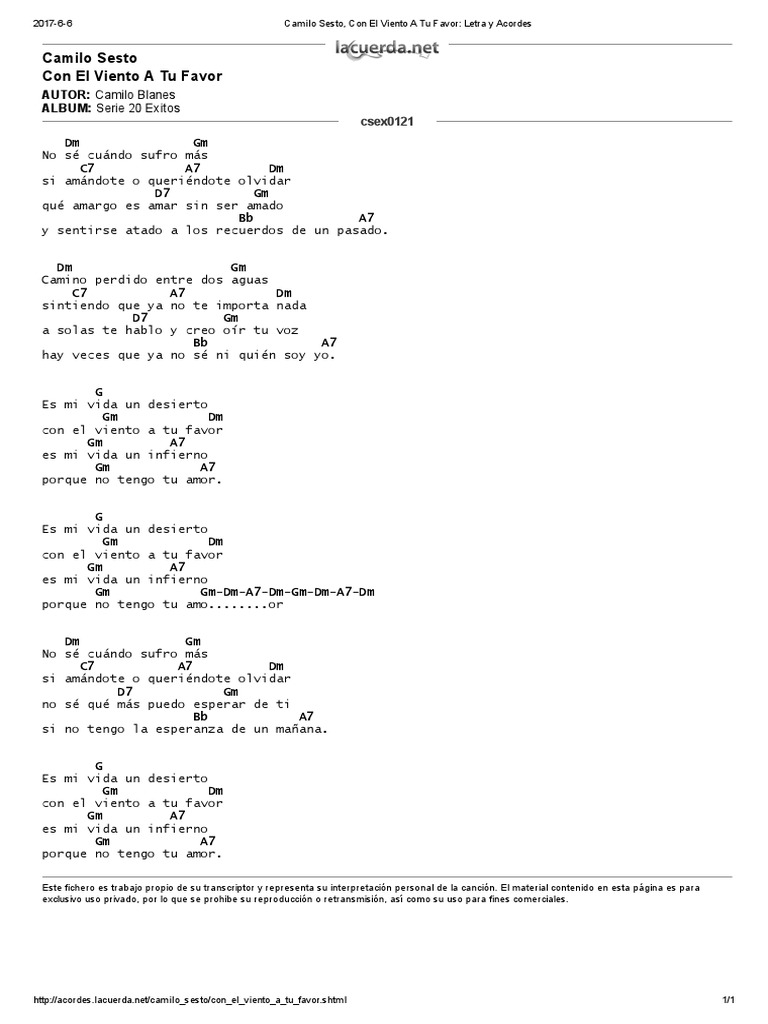 Camilo Sesto, Con El Viento A Tu Favor Letra y Acordes PDF