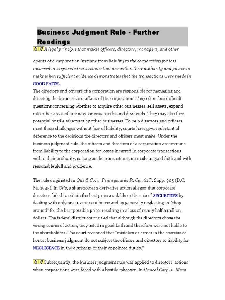 Business Judgment Rule PDF Corporations Takeover