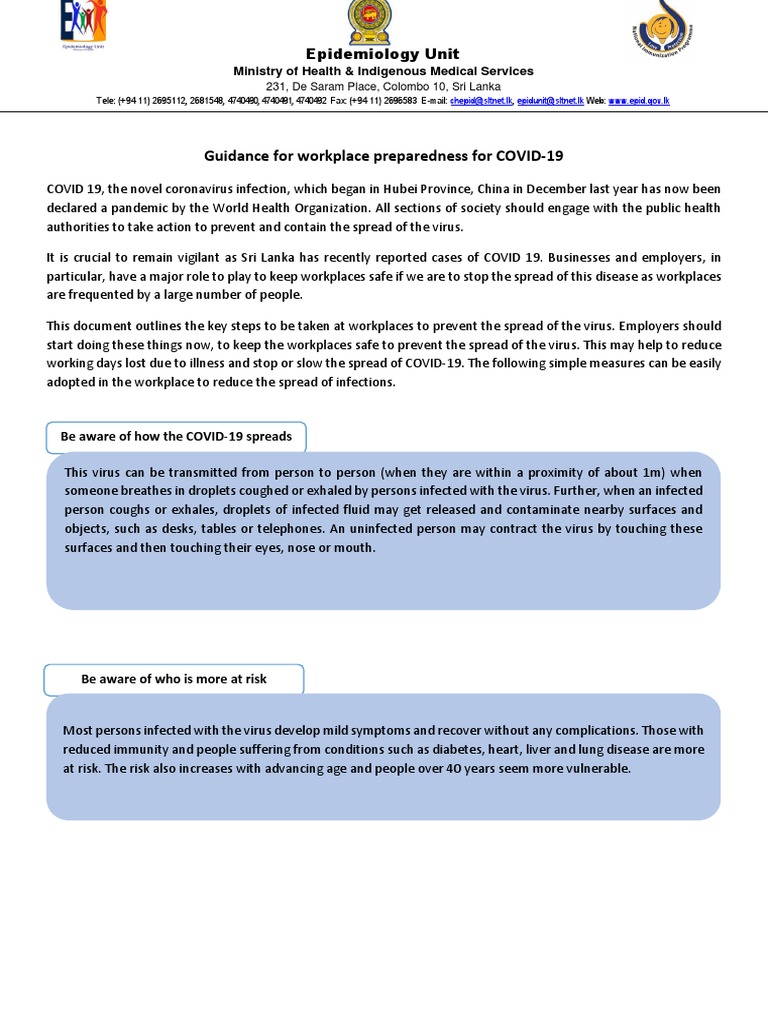 Guidance For Workplace Preparedness For COVID-19: Epidemiology Unit ...