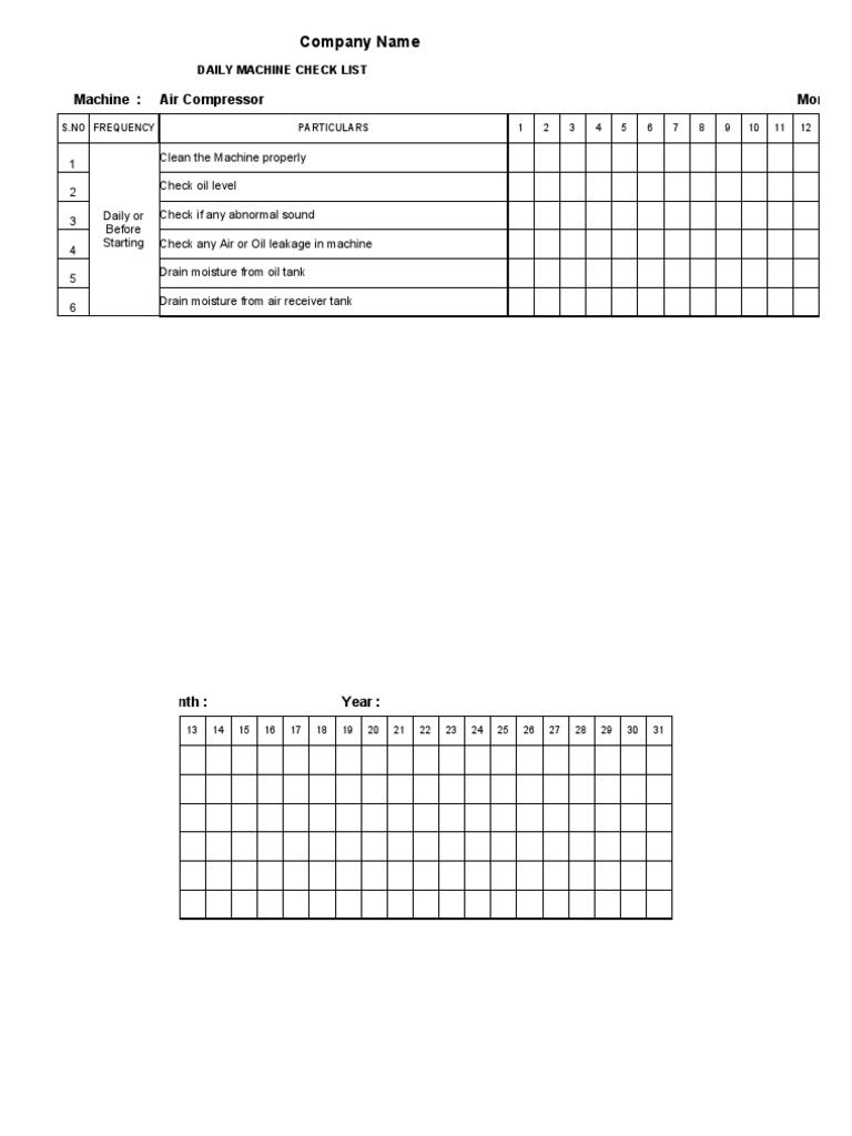 Daily Machine Check List - Air Compressor | PDF