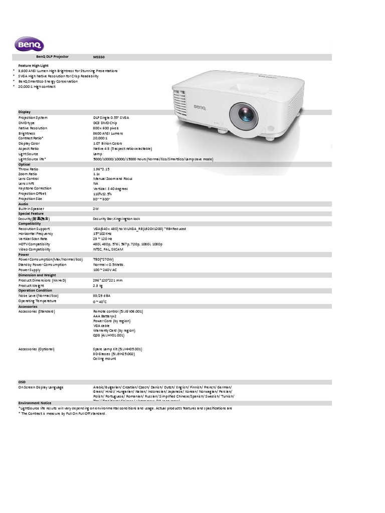 Ms550 Feature High Light Benq DLP Projector PDF Display Resolution