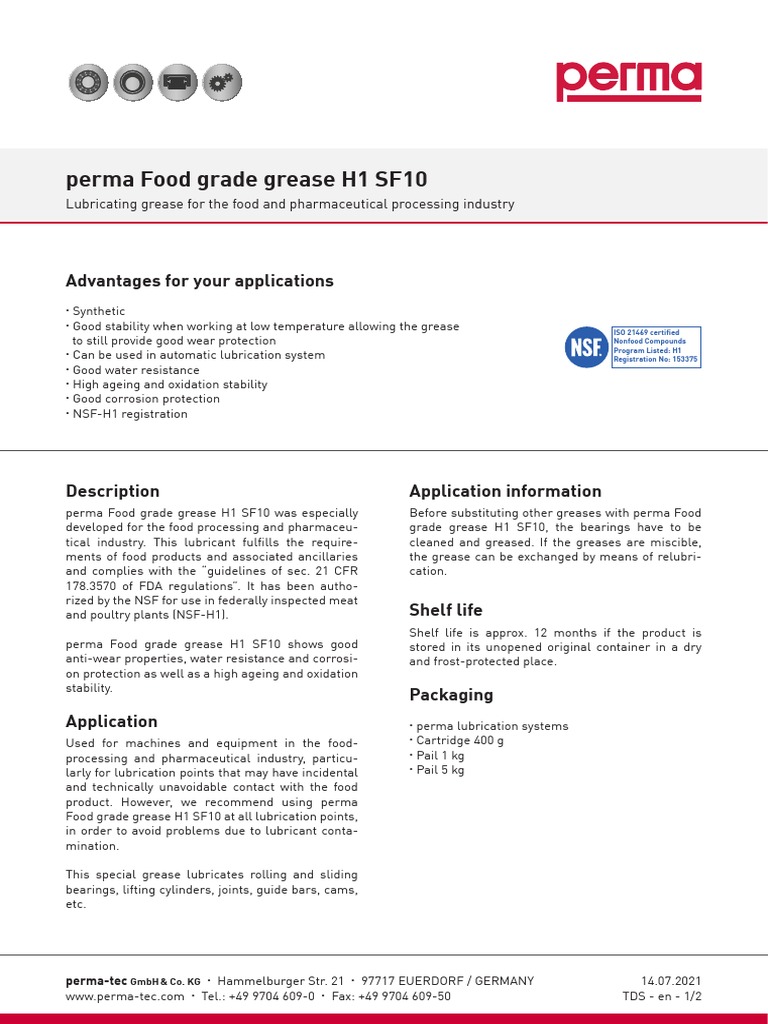 Perma Food Grade Grease H1 SF10 Overview | PDF | Lubricant | Materials