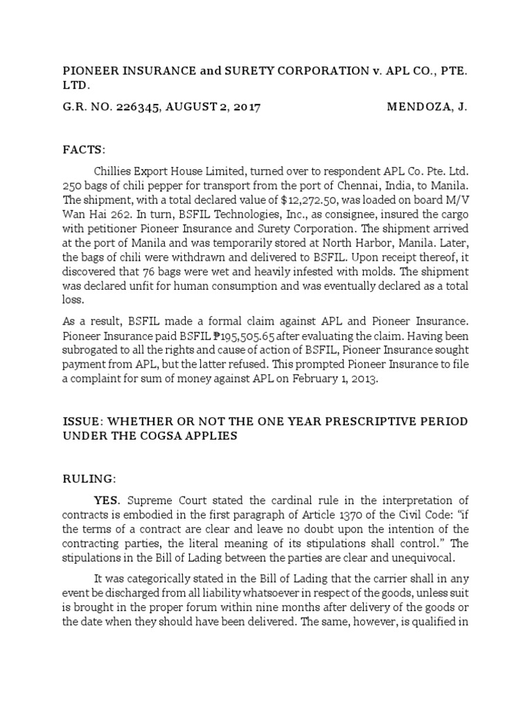 PIONEER INSURANCE and SURETY CORPORATION v. APL CO., PTE. LTD. PDF