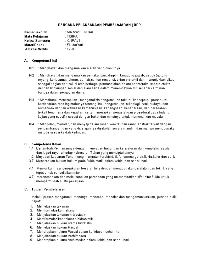 RPP Fisika Kelas X: Fluida Statik | PDF | Karier & Perkembangan