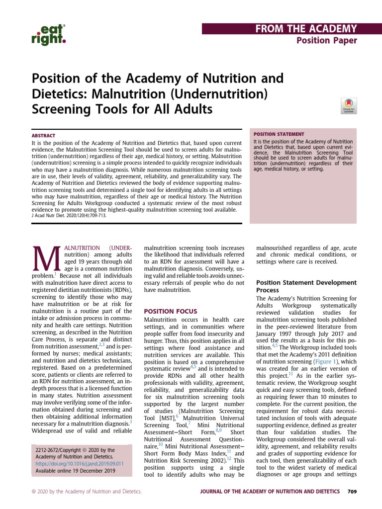 ADA Position Screening Tool | PDF | Dietitian | Malnutrition