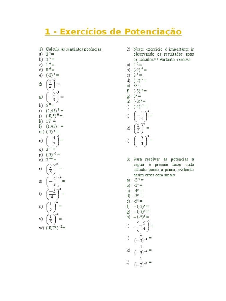 Exercícios de Propriedades da Potenciação | PDF | Analise matemática ...