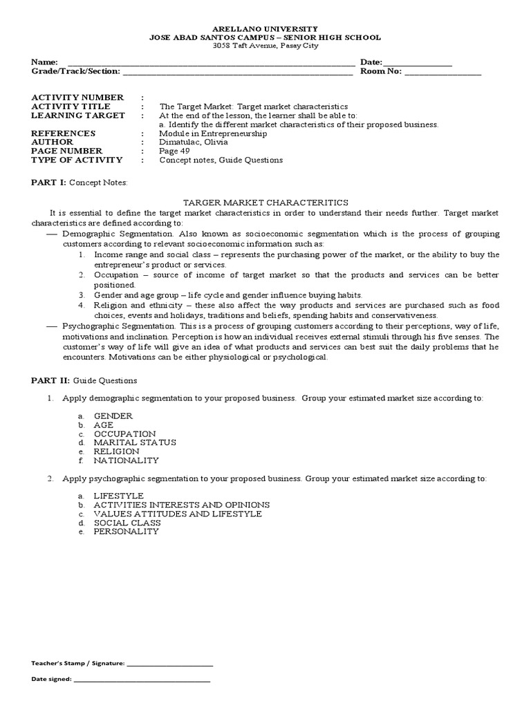 Target Market Characteristics Guide | PDF | Market Segmentation ...