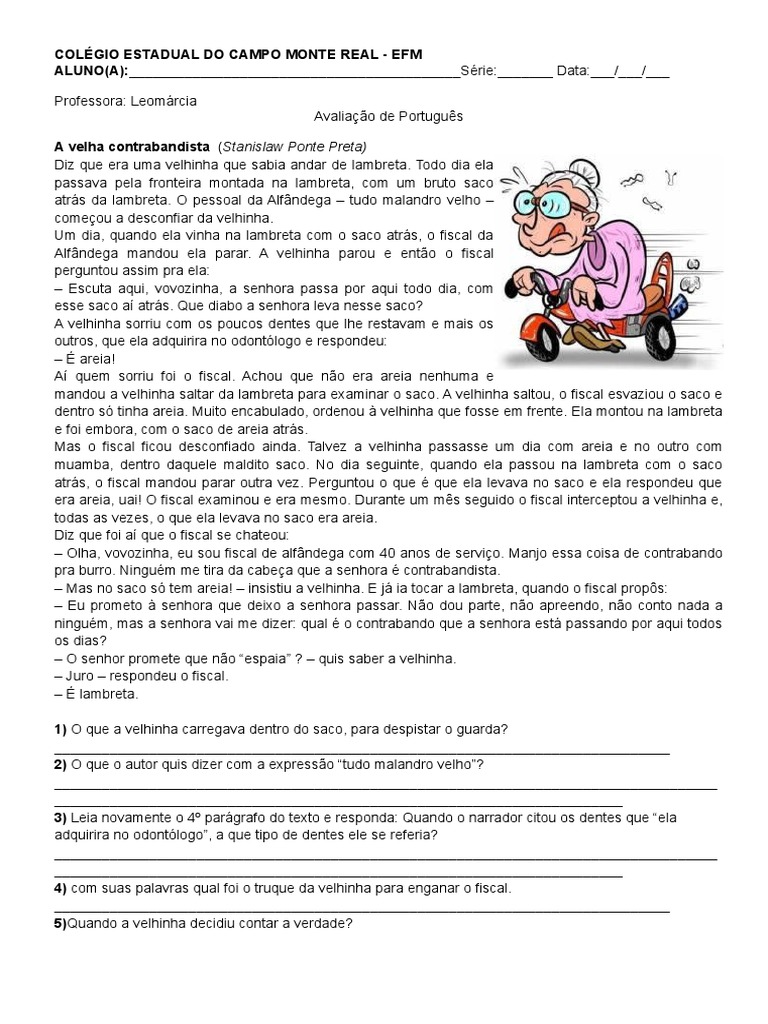 Avaliação de Português A Velha Contrabandista Com Gabarito | PDF